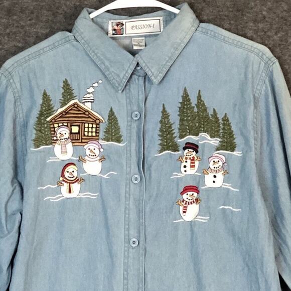 Passion-I Shirt Womens M Blue Denim Button Up Long Sleeve Embroidered Snowman - Picture 2 of 13